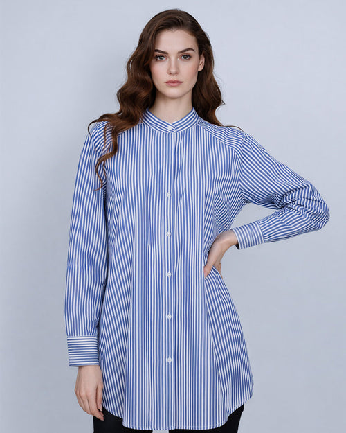 Blue and White Striped Mandarin Collar Shirt Jacket Suitpure