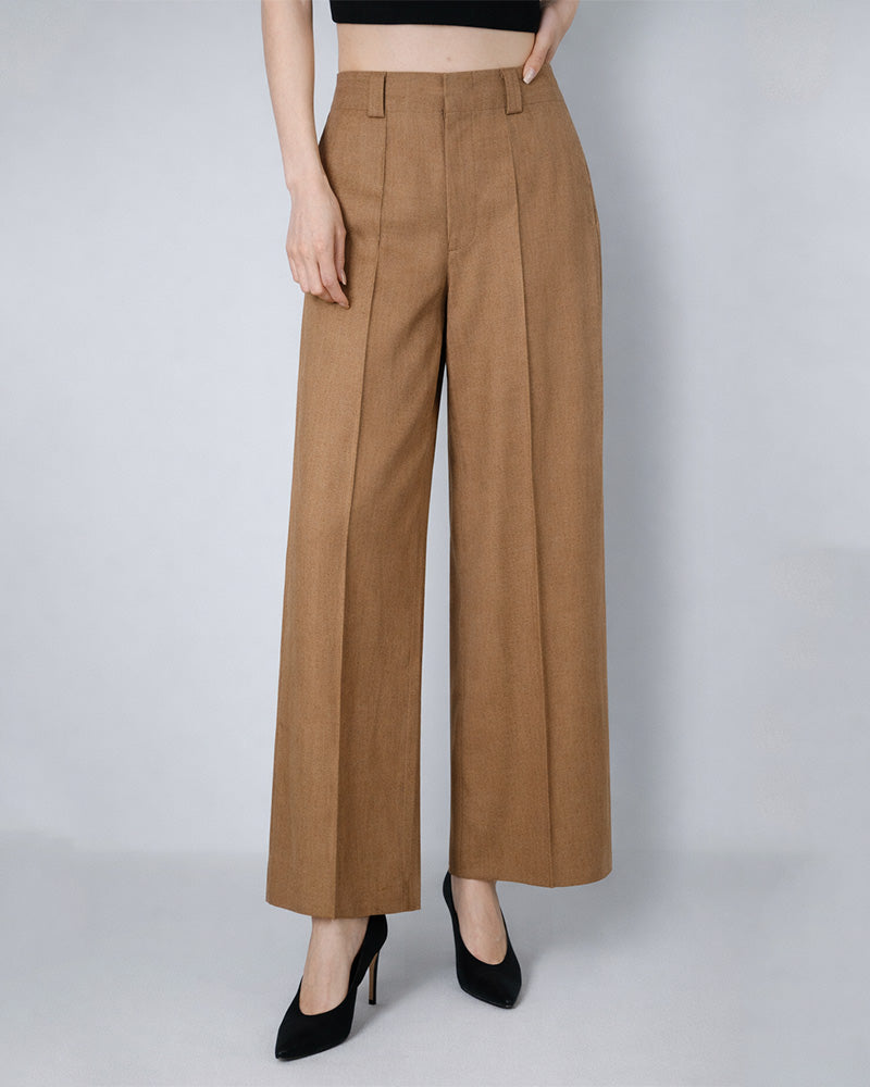 Brown Linen Straight Trousers | Continuous Waistband