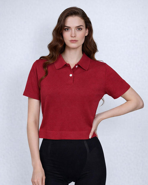 Casual Red Knit Polo with Collar Suitpure