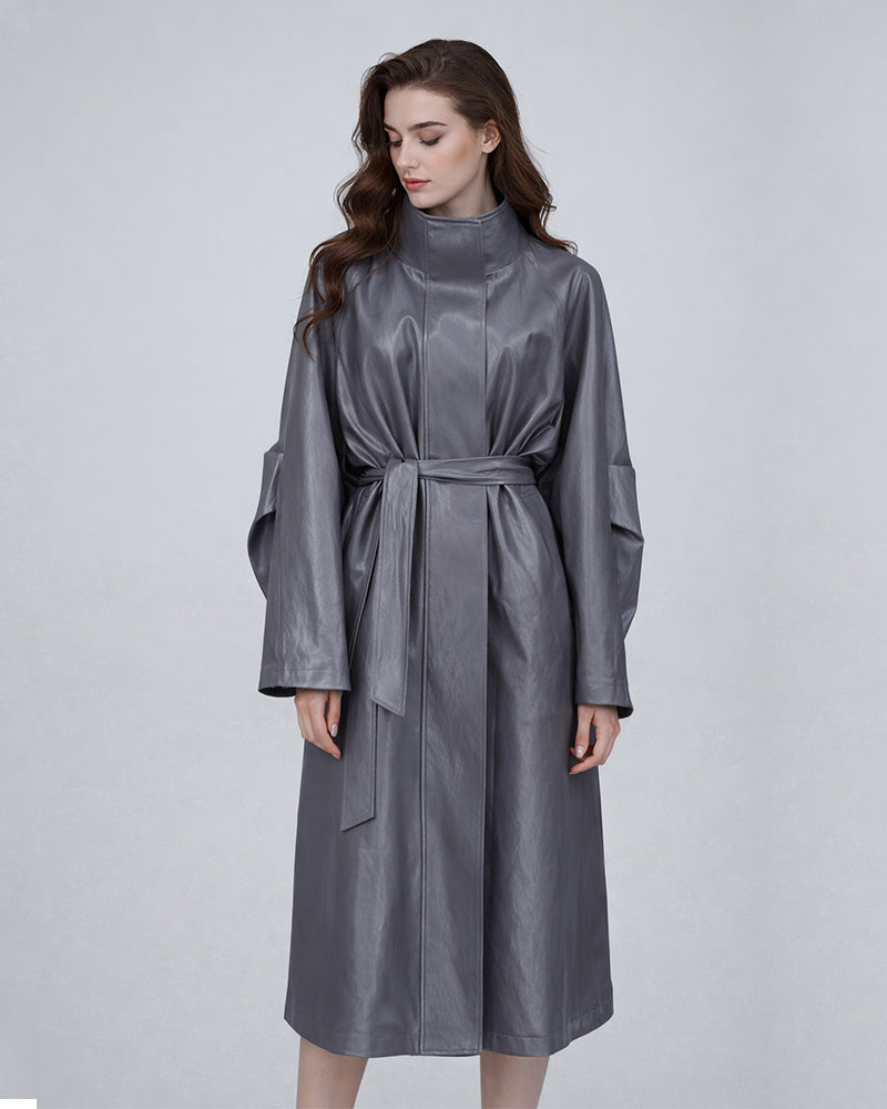 Cement Leather Trench with Clean Silhouette