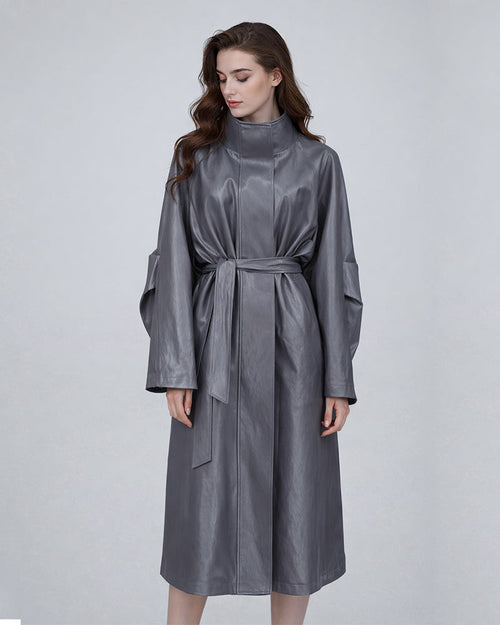 Cement Leather Trench with Clean Silhouette Suitpure