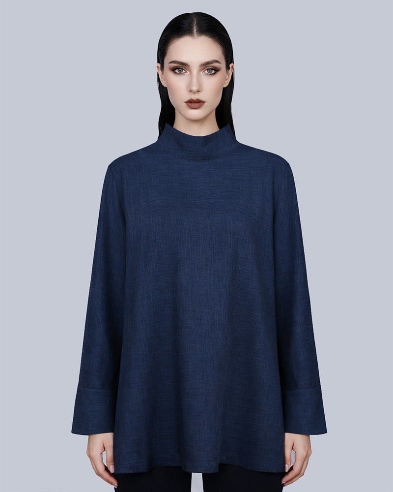 Ink Blue Mock Neck Pullover Blouse Suitpure