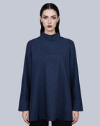 Ink Blue Mock Neck Pullover Blouse Suitpure