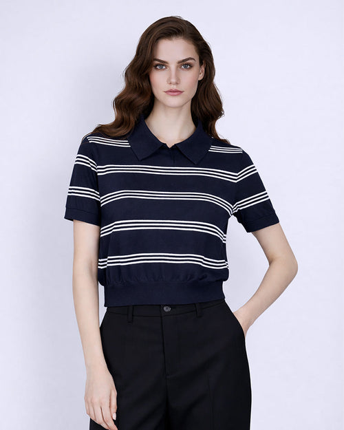 Color-Block Knit Polo Top in Horizontal Stripe Suitpure