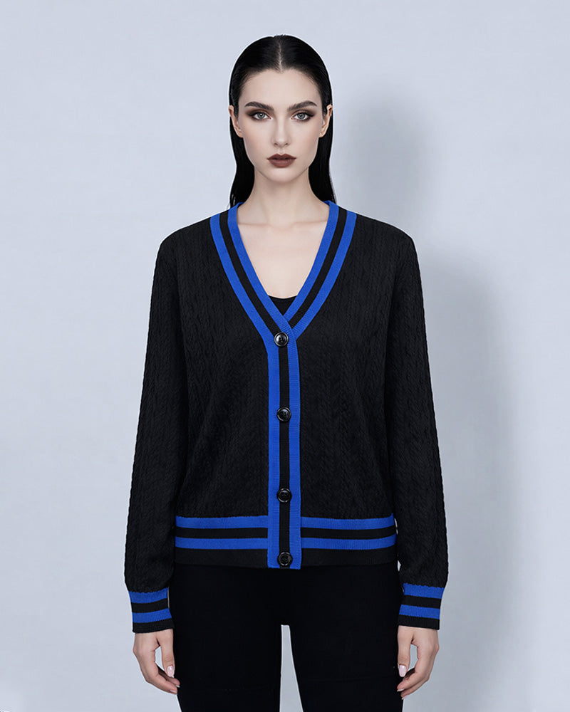 Color Block Cable Knit Cardigan in V-Neck