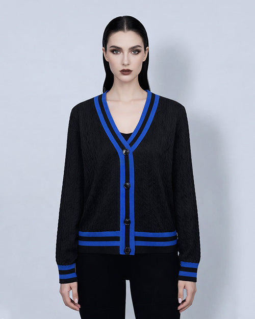 Color Block Cable Knit Cardigan in V-Neck Suitpure