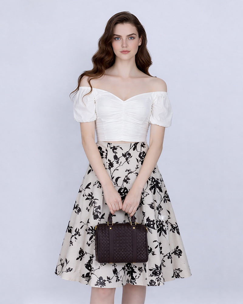 Cotton Linen Blend A-Line Skirt with Jacquard Pattern