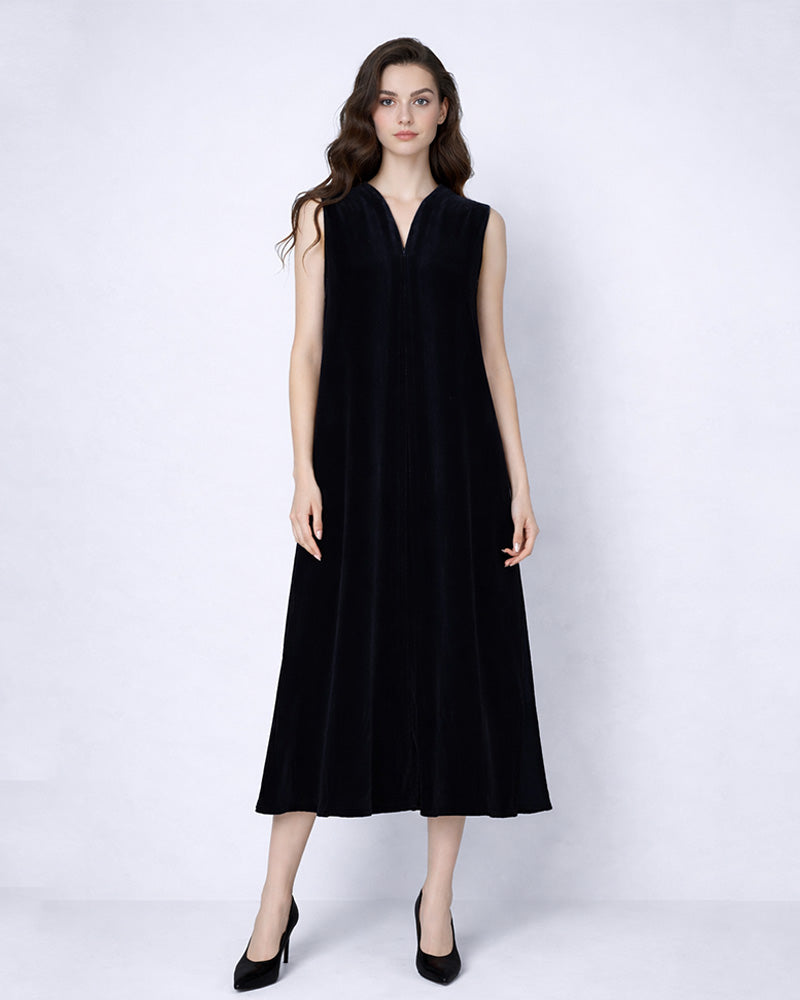 Deep Black Velvet V-Neck Sleeveless Maxi Dress Suitpure