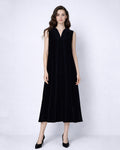 Deep Black Velvet V-Neck Sleeveless Maxi Dress Suitpure