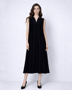Deep Black Velvet V-Neck Sleeveless Maxi Dress Suitpure