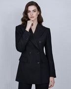 Deep Black Silk Wool Double-Breasted Blazer Suitpure