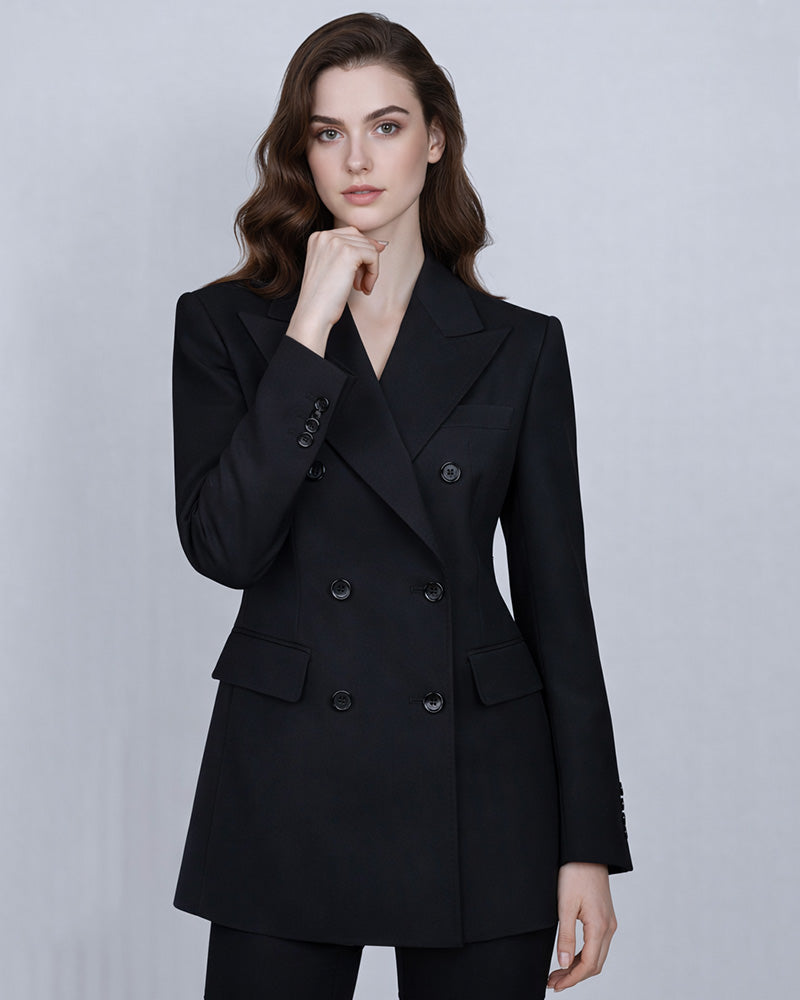 Deep Black Silk Wool Double-Breasted Blazer