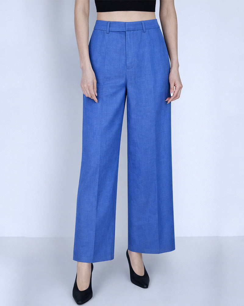 Extended Waistband Linen Trousers in Sky Blue Suitpure