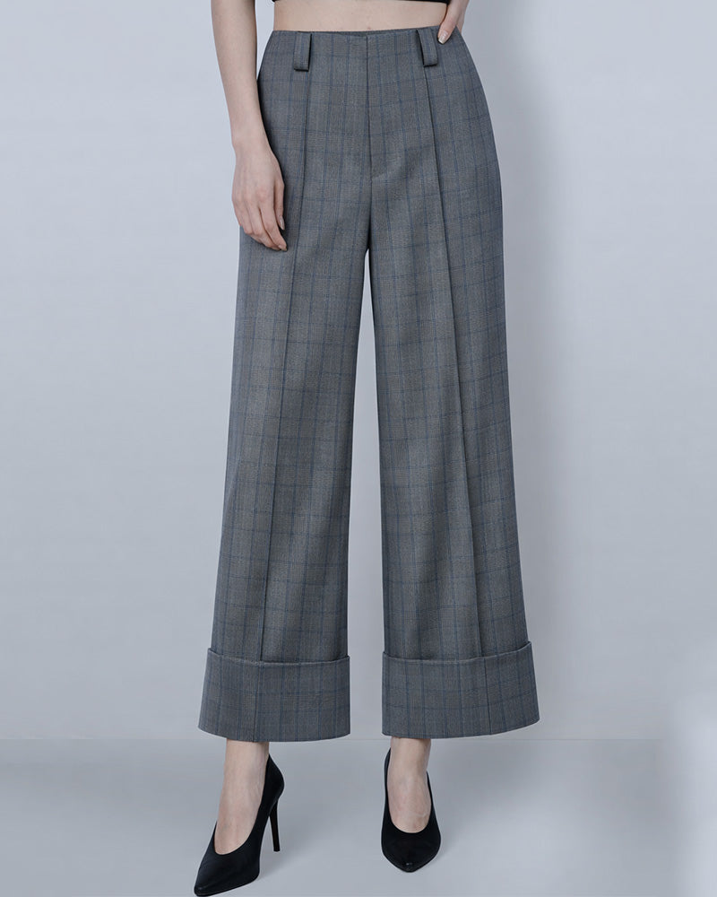 Glen Plaid Cuffed Trousers | High-Waist Wide-Leg Suitpure