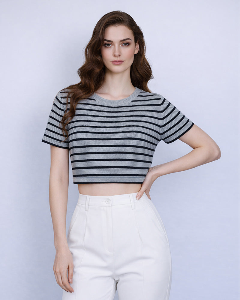 Grey-Black Stripe Knit Short Sleeve Top