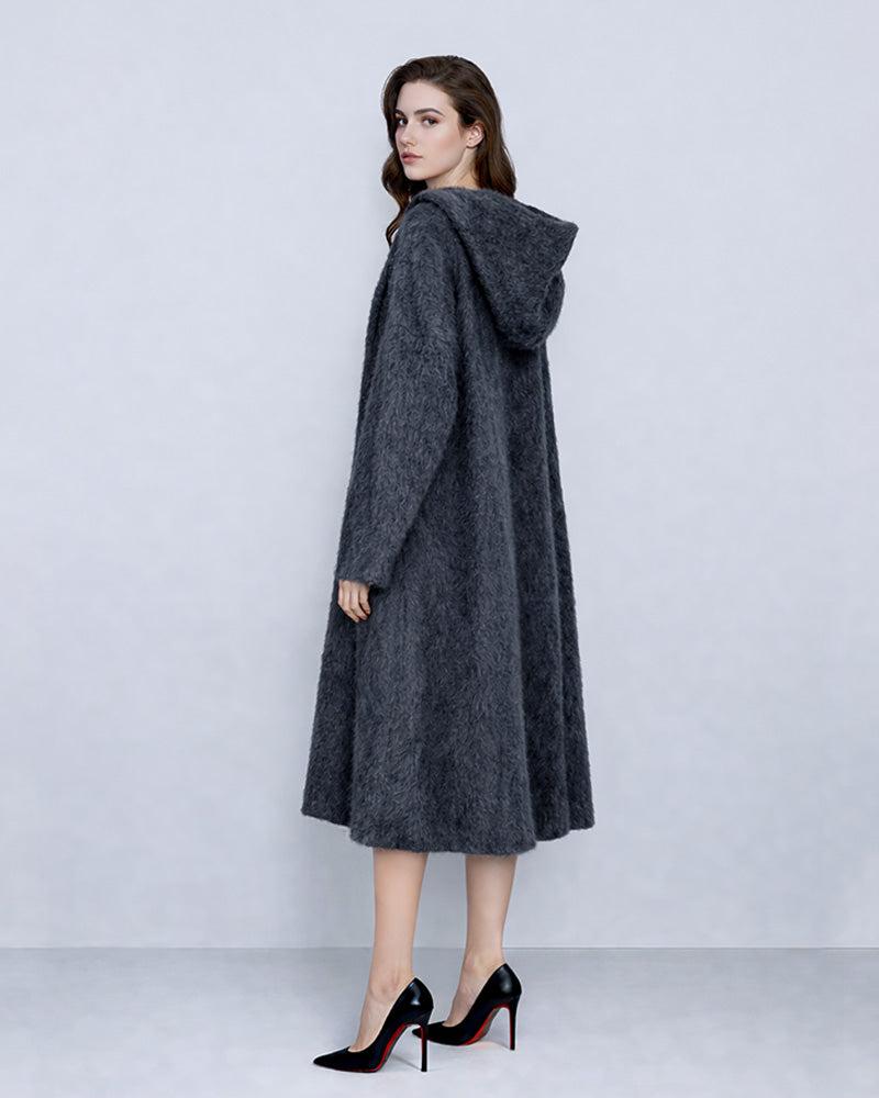 Hooded Yak Wool Coat in Black-Grey
