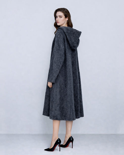 Hooded Yak Wool Coat in Black-Grey Suitpure