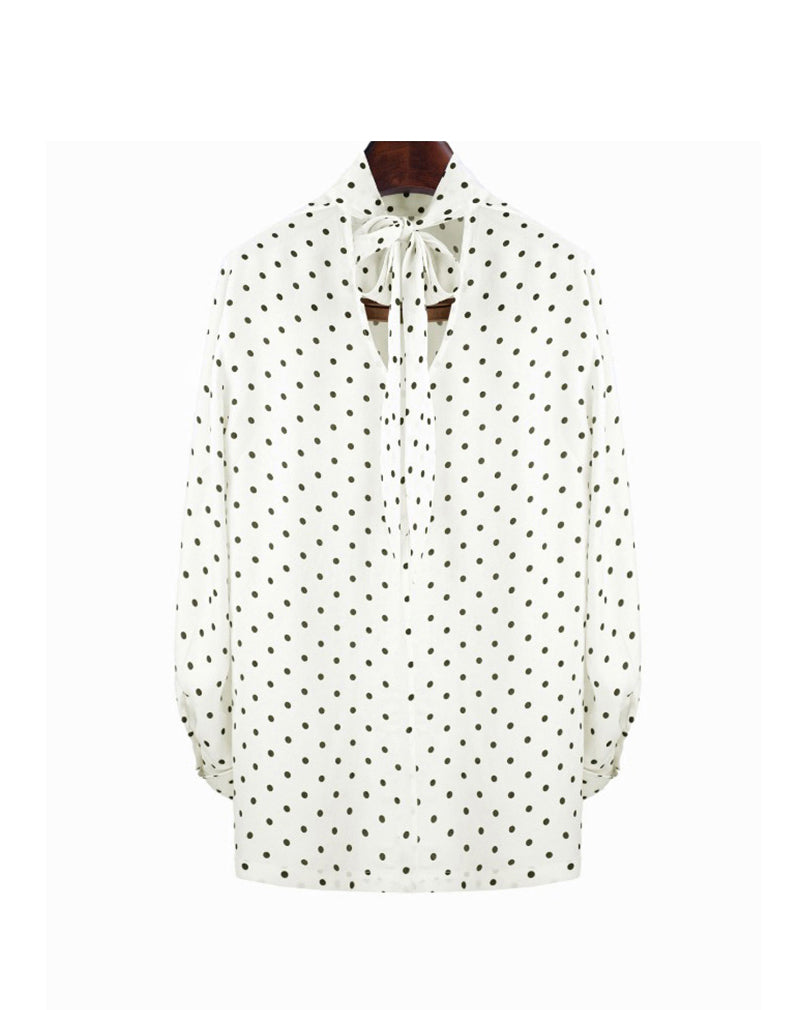 Chiffon-Like White Polka Dot High Neck Long Sleeve Blouse Suitpure
