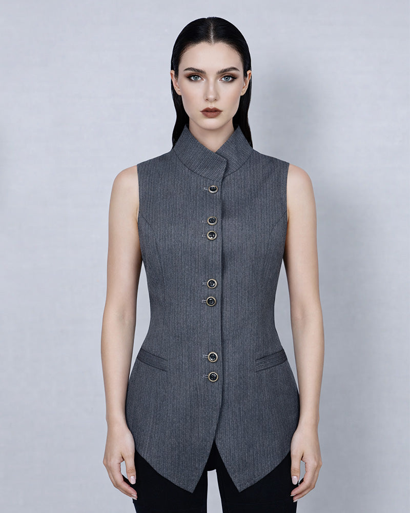 Fine Wool Grey Stripe Vest | Self-Tie Waist