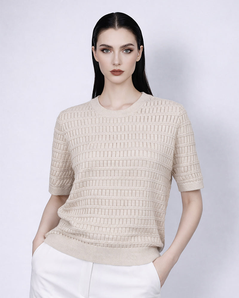 Khaki Openwork Knit Short Sleeve Top