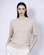 Khaki Openwork Knit Short Sleeve Top