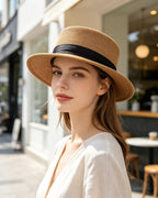 UPF 50+ Flat Brim Sun Camel Straw Boater Hat with Black Ribbon Suitpure