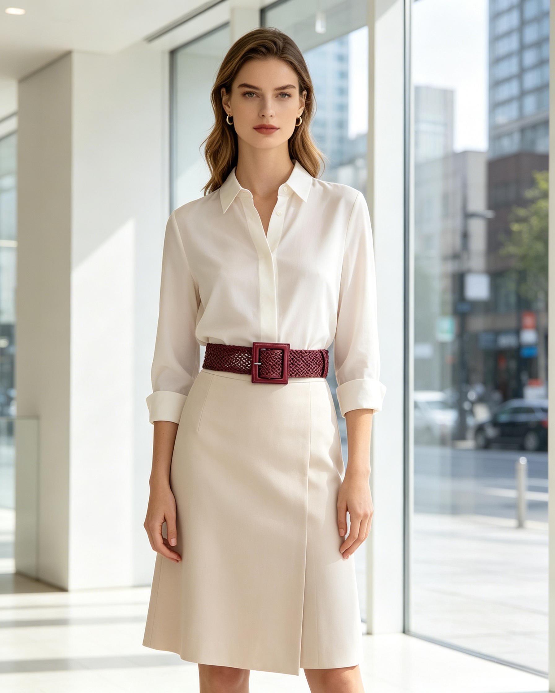 Wine Red Wide Woven Leather Belt with Square Buckle for Dresses & Outfits Suitpure