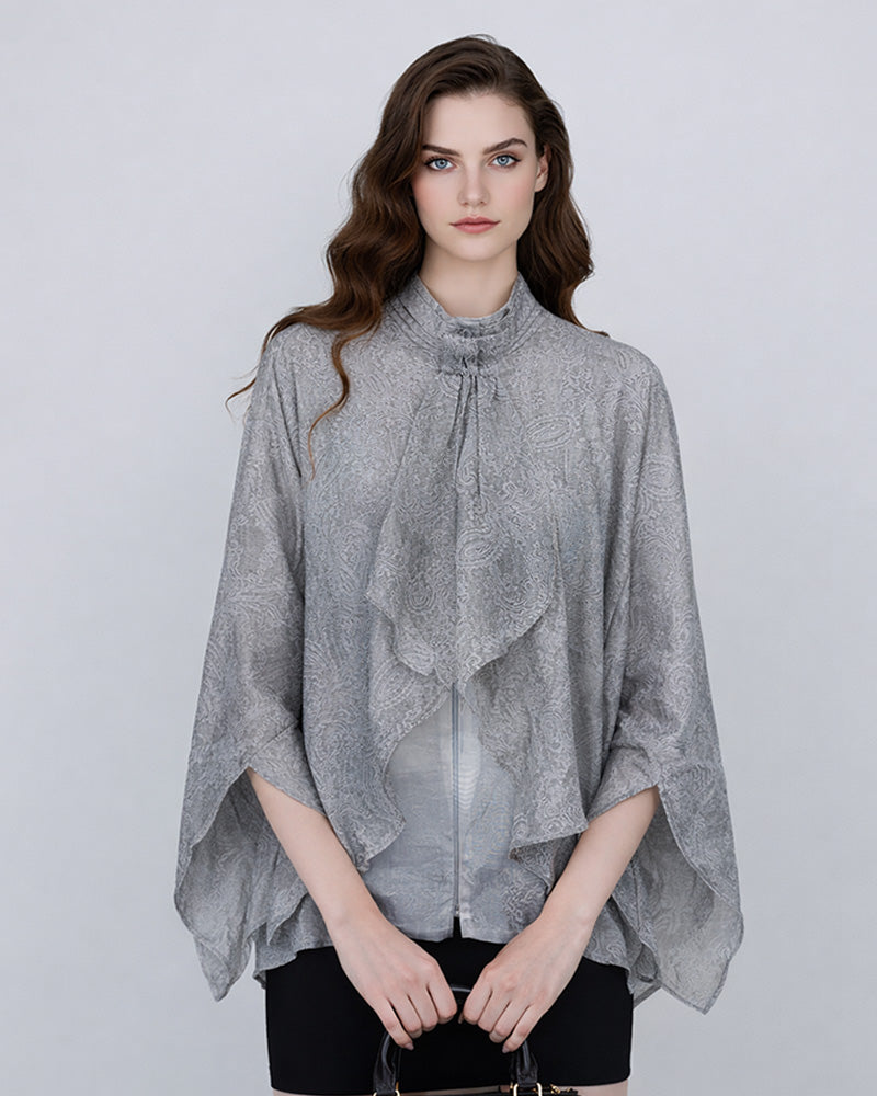 Mandarin Collar Cocoon Tencel Jacquard Blouse
