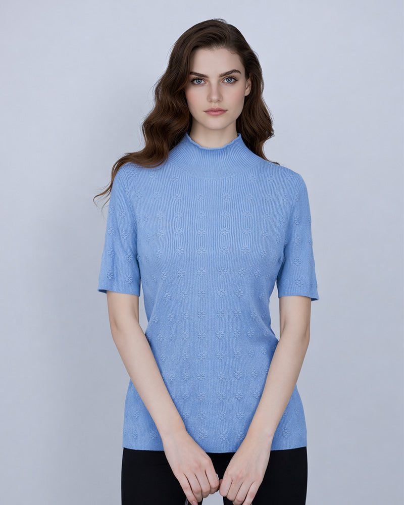 Mock Neck Pullover with Floral Motif | Soft Knit
