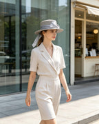 Women Chiffon Big Bow Wide Brim Light Grey Flat Top Straw Sun Hat Suitpure