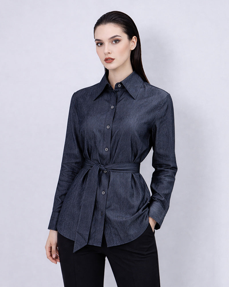 Navy Blouse with Self-Tie Ribbon Detail