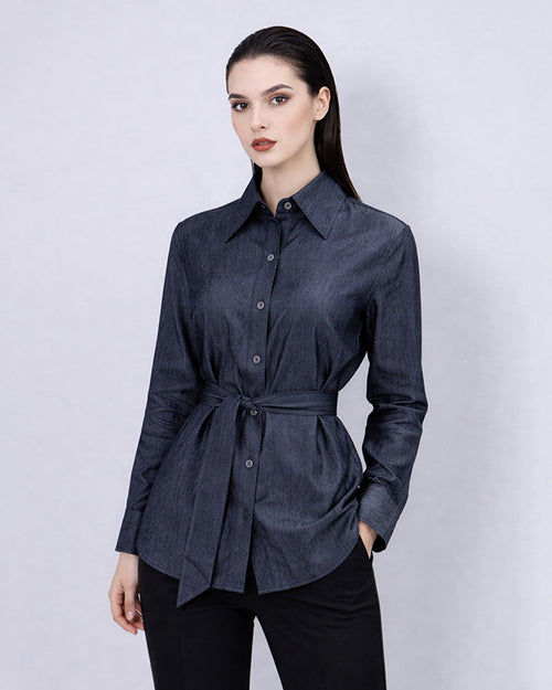 Navy Blouse with Self-Tie Ribbon Detail Suitpure