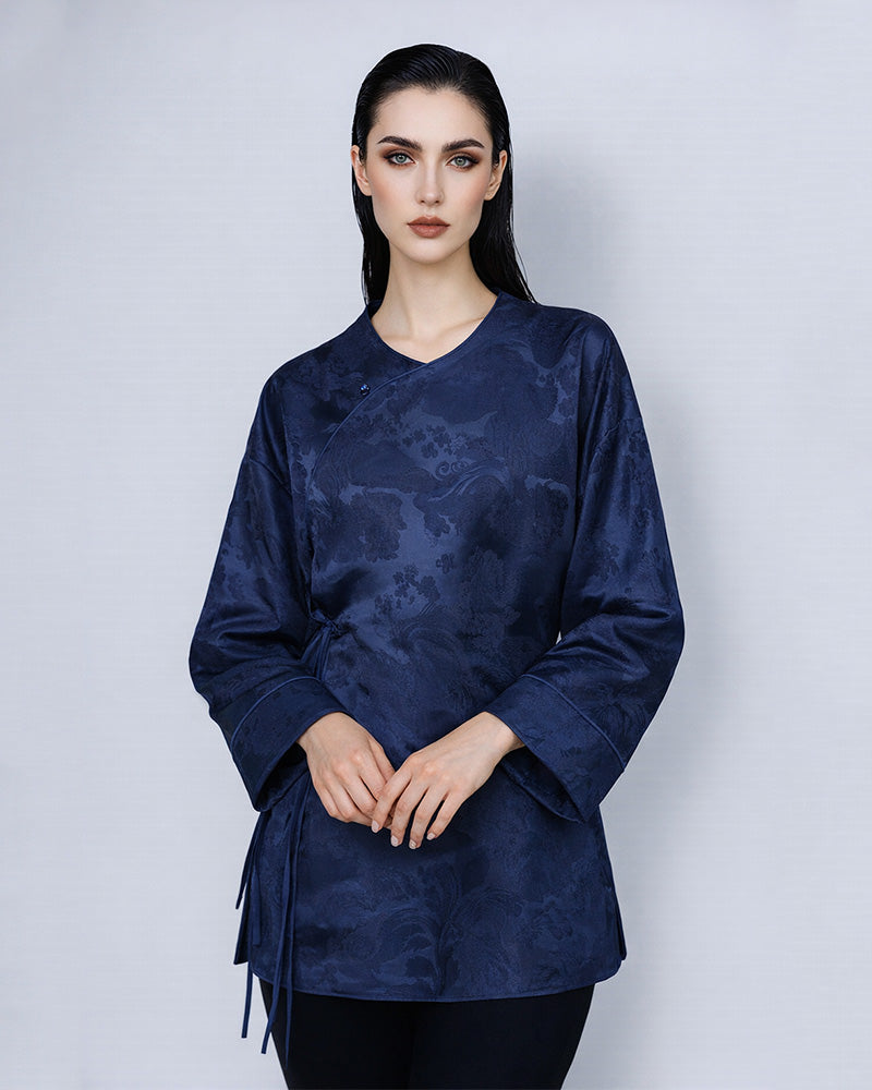 Oriental-Inspired Jacquard Coat in Blue