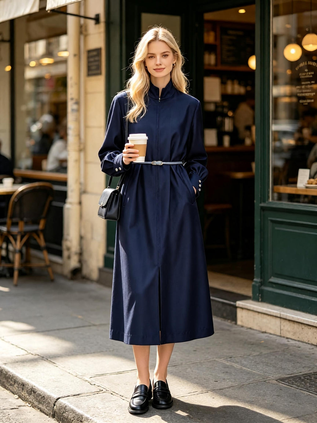 Navy blue stand-up collar zip-up dress