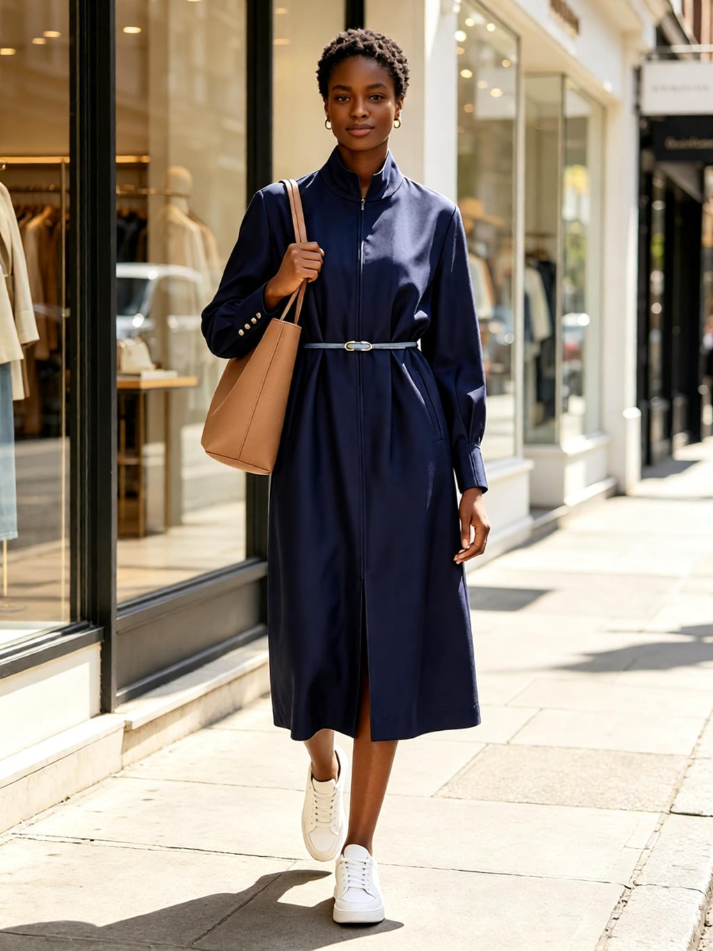 Navy blue stand-up collar zip-up dress