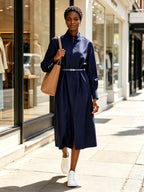 Navy blue stand-up collar zip-up dress