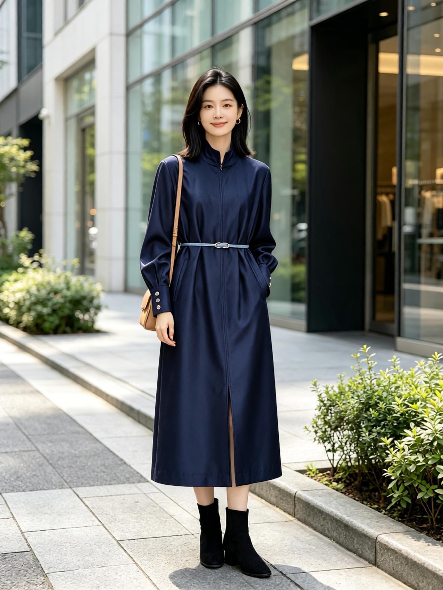 Navy blue stand-up collar zip-up dress