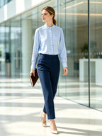 Women's Mandarin Collar Popover Shirt | 60% Cotton 20% Tencel 20% Bamboo Fiber Light Blue Micro Check Blouse