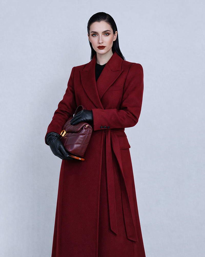Peak Lapel Belted Coat in Deep Burgundy Suitpure