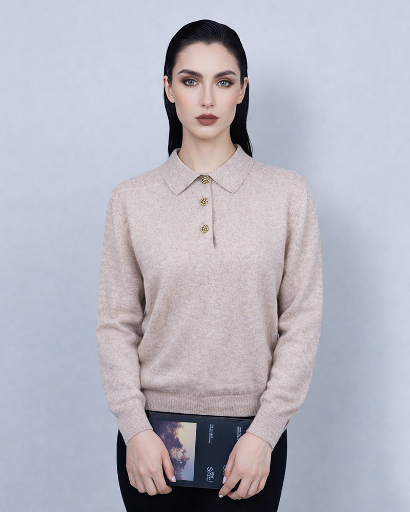 Praline Brown Knit Polo | Antique Gold Floral Buttons