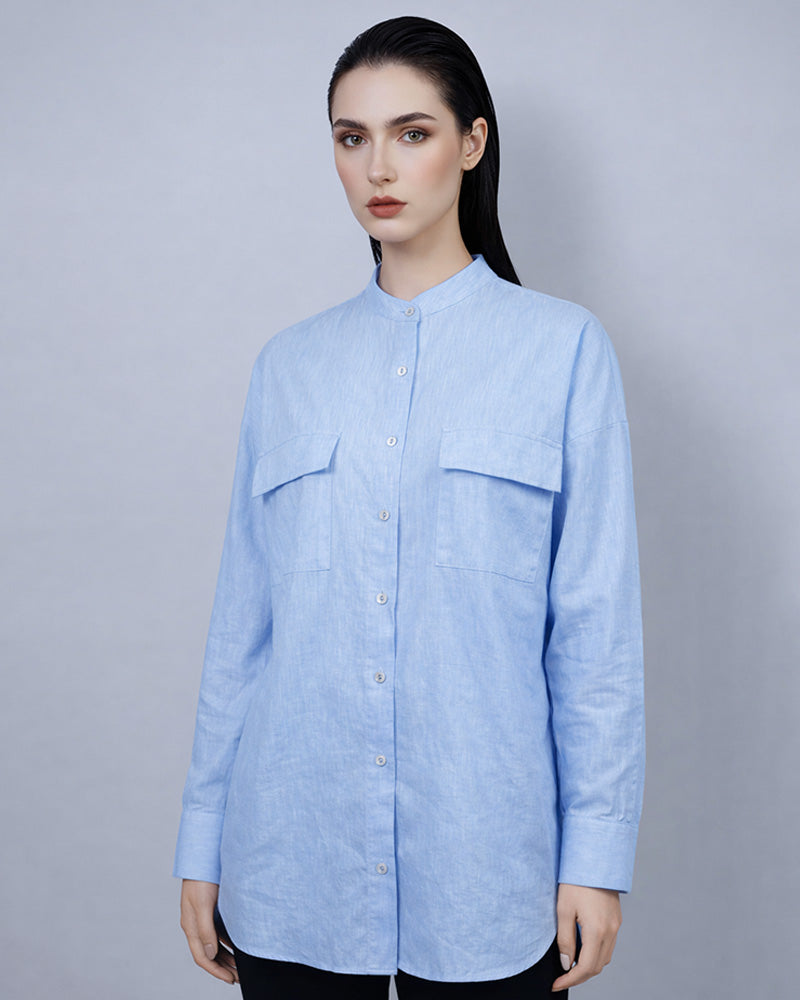 Relaxed Mandarin Collar Linen-Cotton Minimalist Shirt Suitpure