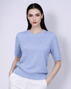 Sky Blue Crewneck Knit Top | Subtle Jacquard Texture