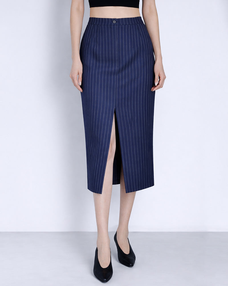 Striped Midi Skirt with Front & Back Slit Suitpure