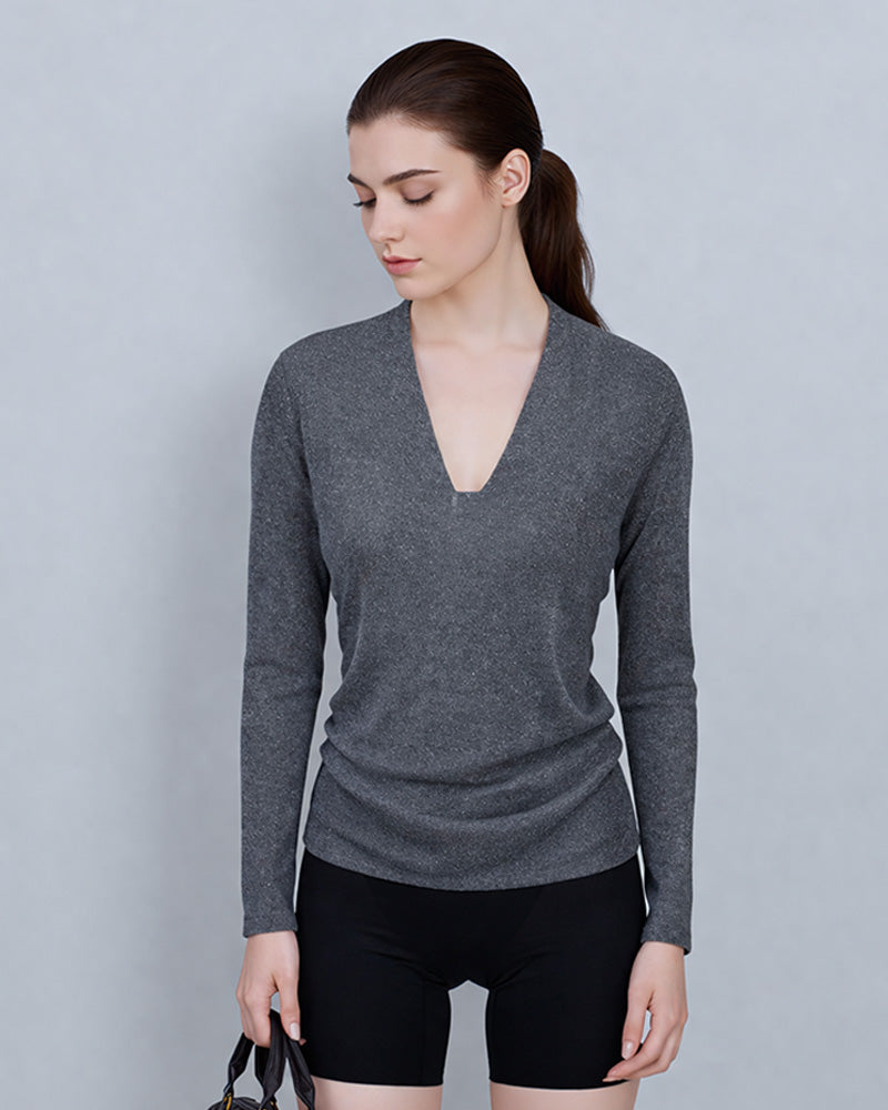 V-Neck Knit Top with Darted Waist Detail