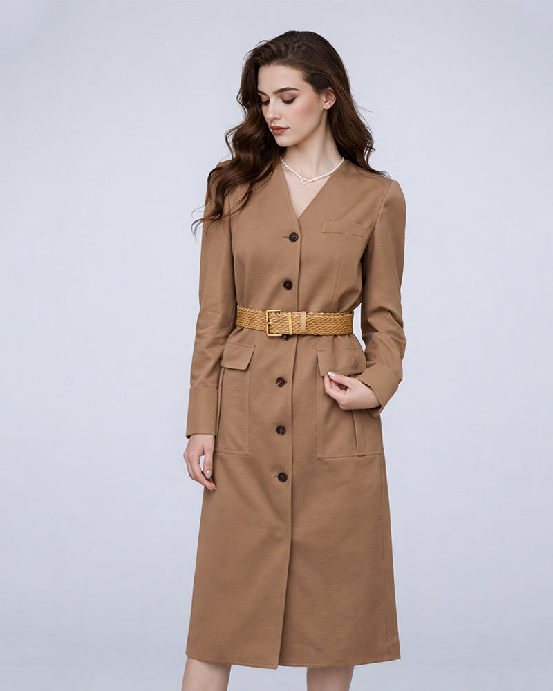 V-Neck Wool Dress in Dark Khaki with Pockets Suitpure