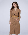 V-Neck Wool Dress in Dark Khaki with Pockets Suitpure