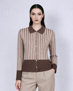 Vertical Stripe Color-Block Lapel Cardigan