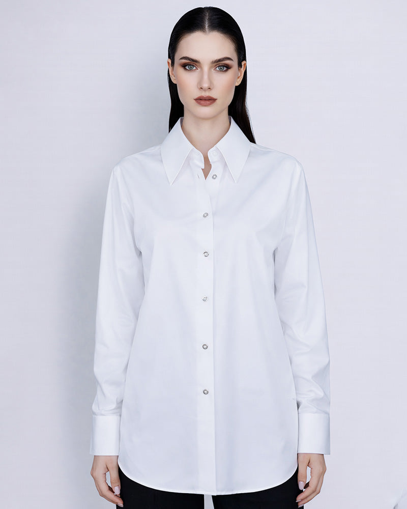 White Tencel Cotton Blouse | Wide Pointed Collar Suitpure
