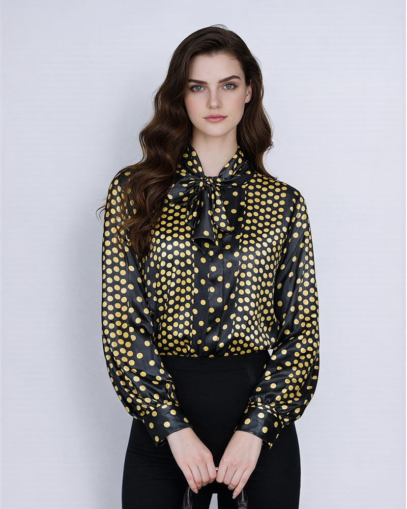 Yellow Polka Dot Chiffon Blouse | Self-Tie Detail Suitpure