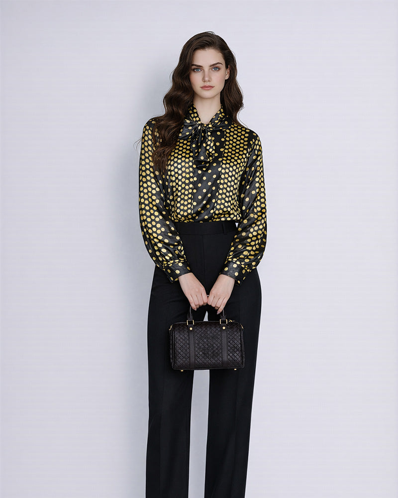 Yellow Polka Dot Chiffon Blouse | Self-Tie Detail Suitpure